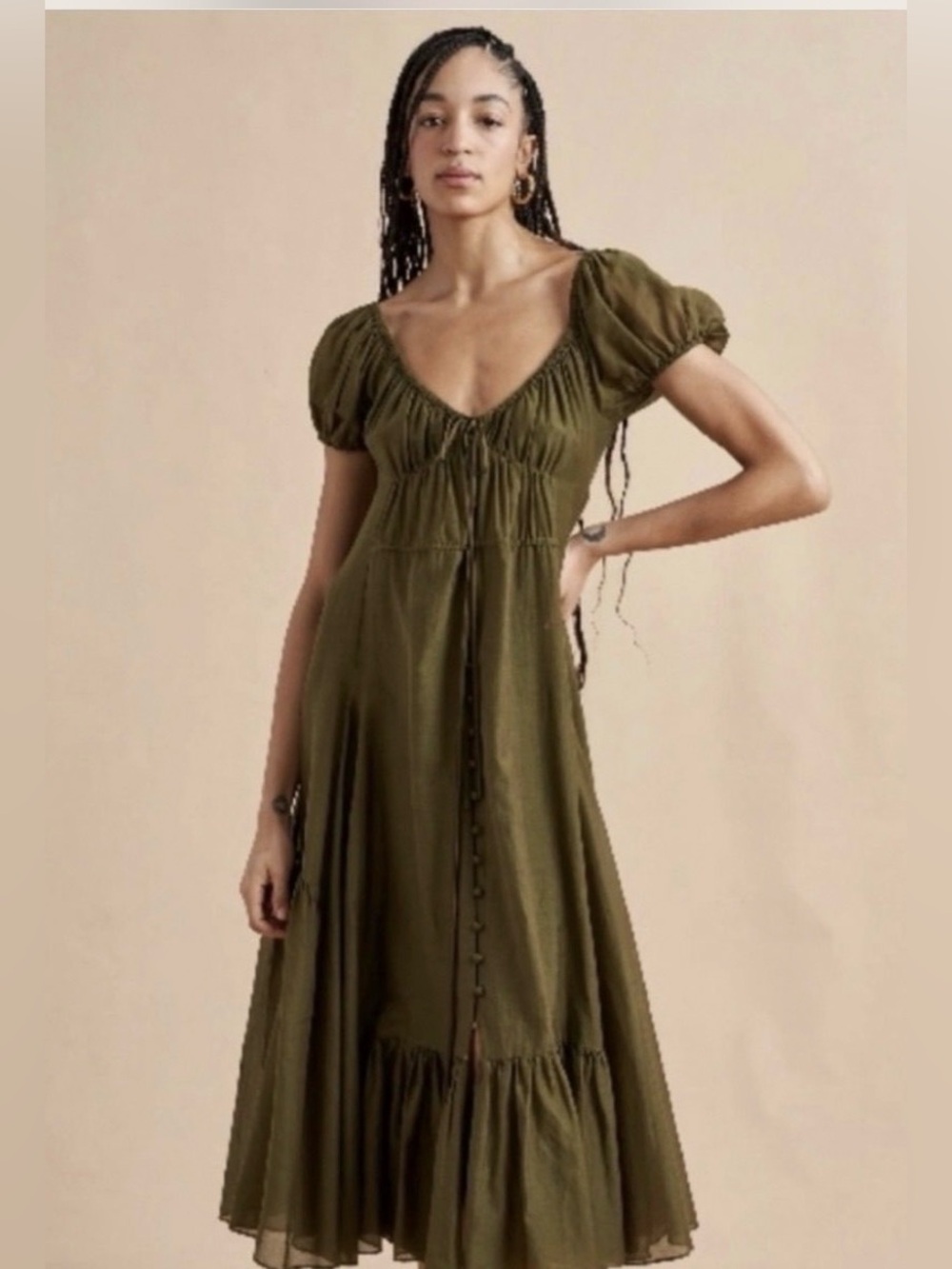 La Ligne Puff-Sleeve Olive Maxi Dress with Button Front Tiered Ruffle Silk